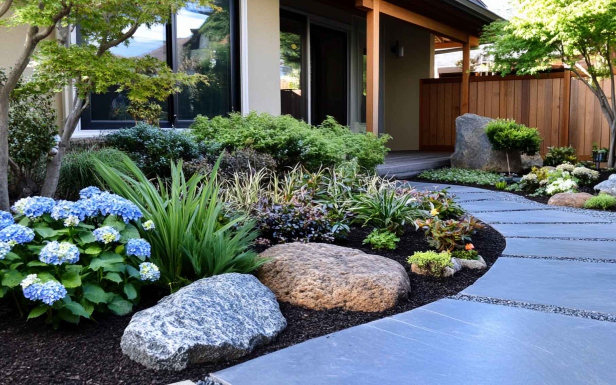 Custom landscape design and installation with blue hydrangeas and decorative rocks in Santa Monica