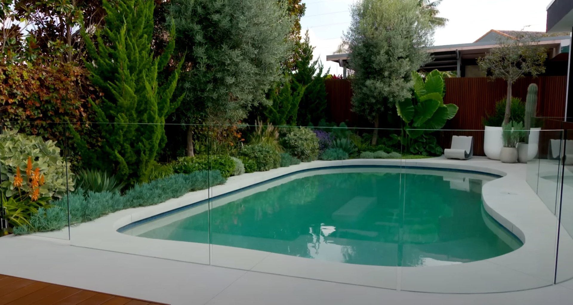 Modern pool landscape with tropical plants and glass fencing
