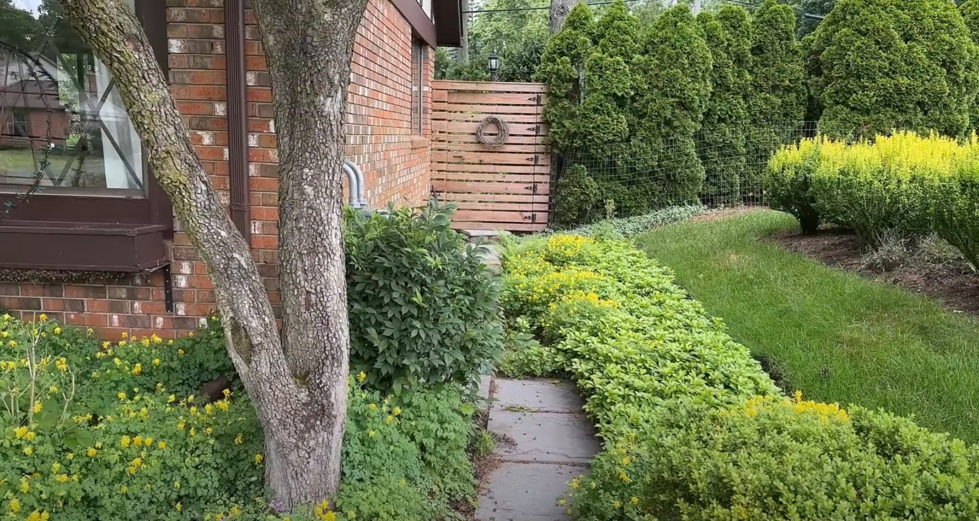Beautifully landscaped backyard with walkway, mature trees, and well-maintained garden beds